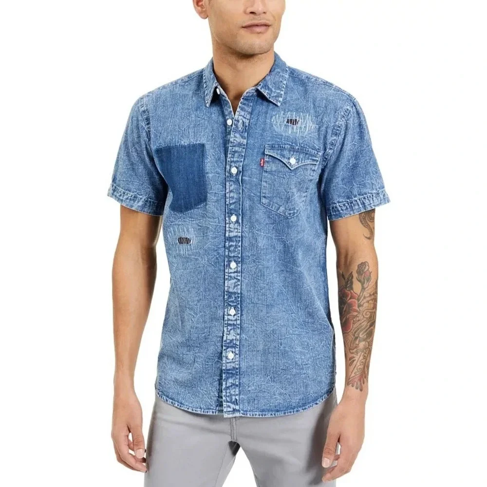 Levis Lightly Distressed Denim Button Shirt Mens XL Blue Cotton Bundle Wash